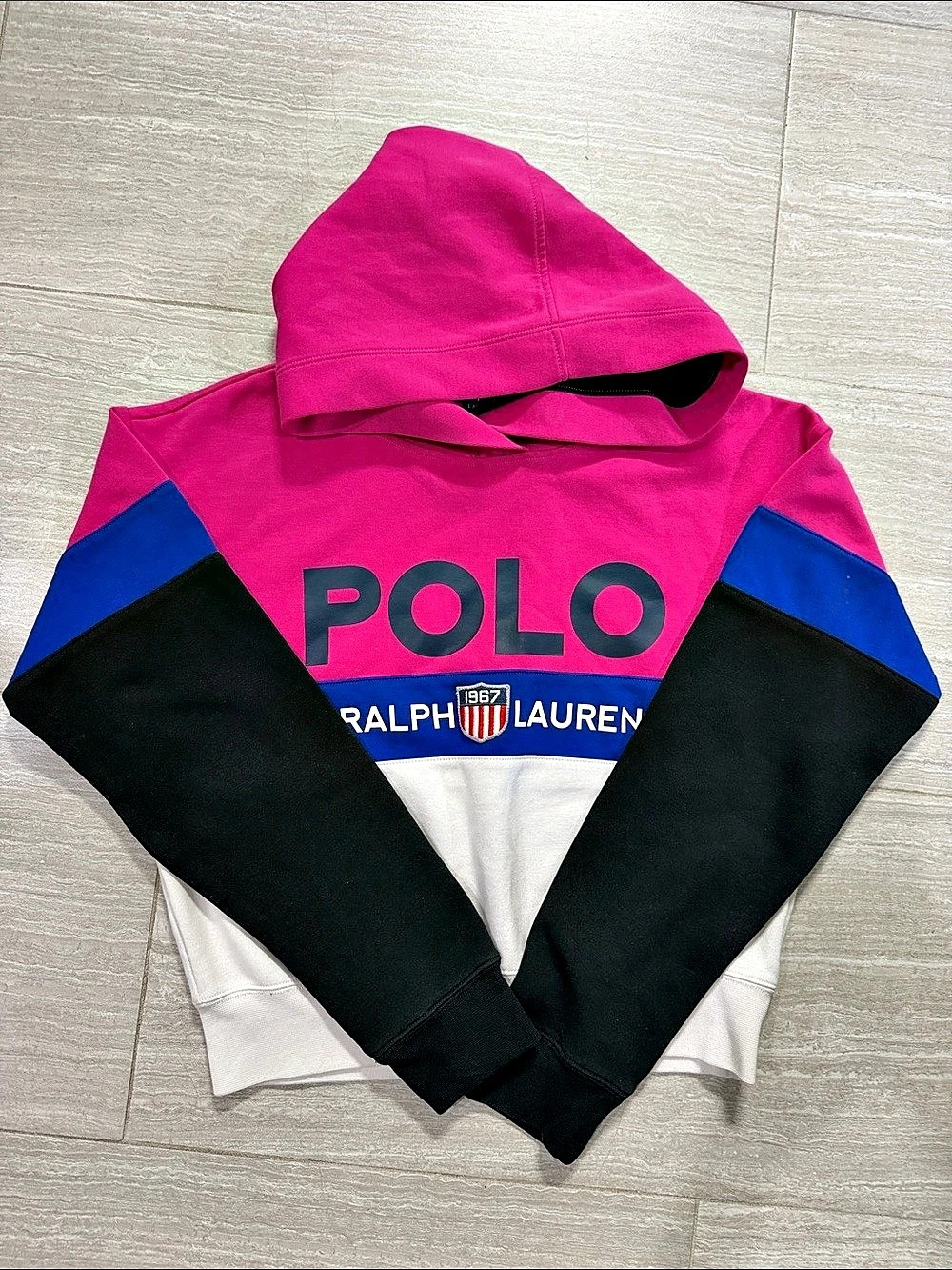 Polo Ralph Lauren Colorblocked Logo Hoodie Pink & Black Size Medium
